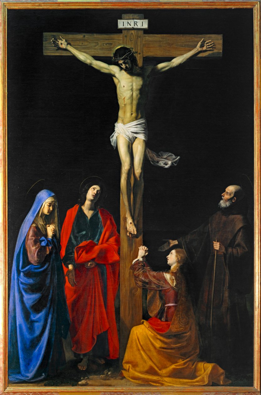 Kristus ristillä, Neitsyt Maria, Magdaleena, Pyhä Johannes ja Pyhä Franciscus Paola - Kristus ristillä, Neitsyt Maria, pyhät Maria Magdaleena ... tekijältä Nicolas Tournier