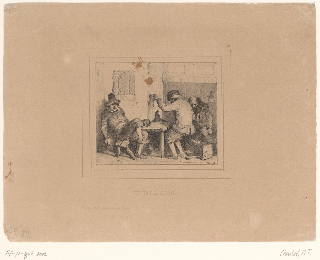 Kolme humalaista talonpoikaa pubissa Vive la joie (otsikko esineessä) Sketches 1837 (sarjan nimi) Charlet 1837:n Croquis (sarjan nimi) tekijältä Nicolas Toussaint Charlet