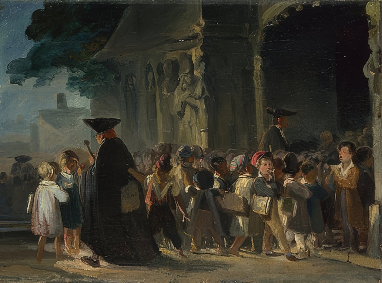 Lapset kirkon sisäänkäynnin edessä. Vuosien 1817 ja 1845 välillä tekijältä Nicolas Toussaint Charlet