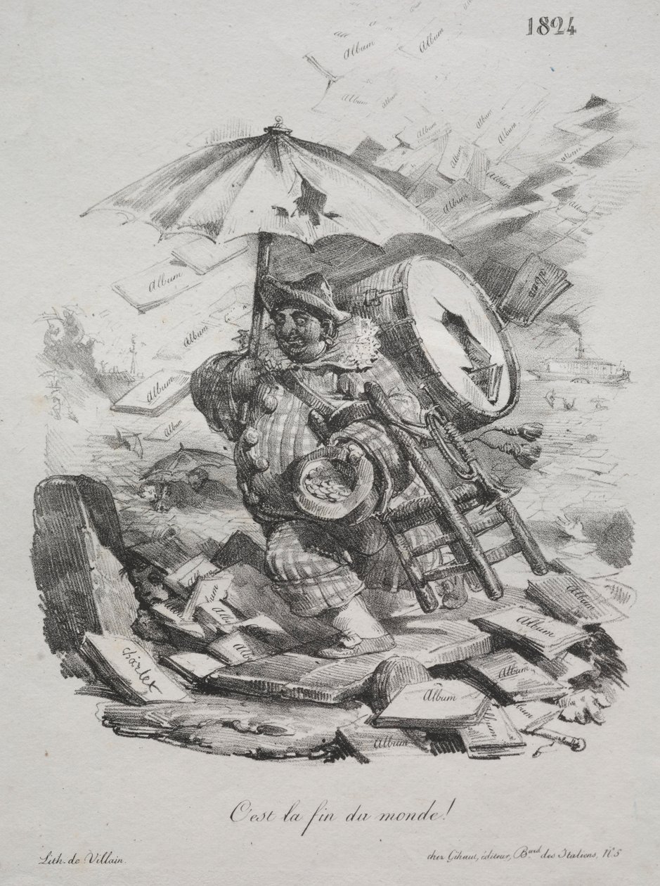 Litografiset luonnokset: Se on maailmanloppu! etukappale, 1824. tekijältä Nicolas Toussaint Charlet