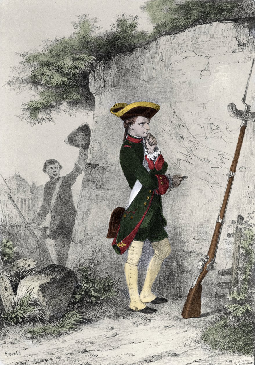 Napoleon I Bonaparte (1769 - 1821) Briennen sotakoulussa 1783. Charletin kaiverrus 1800-luvulta. tekijältä Nicolas Toussaint Charlet