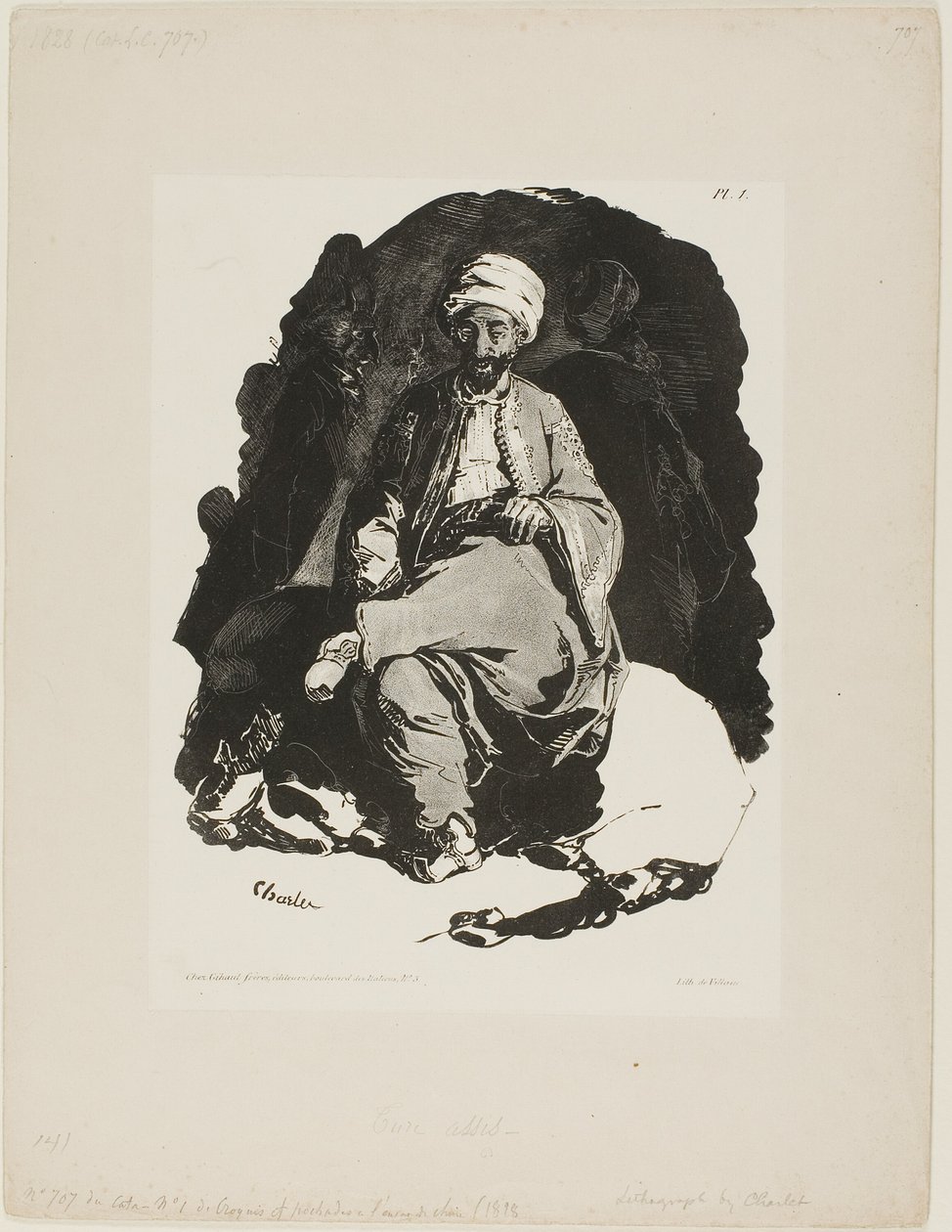 Istuva turkki, yksi levy Charletin Ink Sketchesistä tekijältä Nicolas Toussaint Charlet