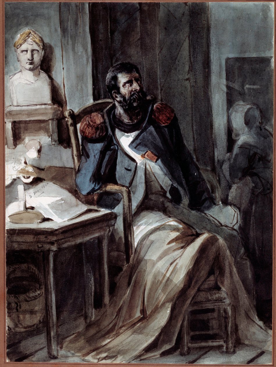 Vanha Grognard Entinen Napoleon I:n (1769-1821) sairaan vartijan jäsen lähellä keisarin rintakuvaa. Piirustus Nicolas Toussaint Charlet (1792-1845), 5.5.1820. Rueil-Malmaison, Malmaisonin ja Bois-Preaun linnojen kansallismuseo tekijältä Nicolas Toussaint Charlet