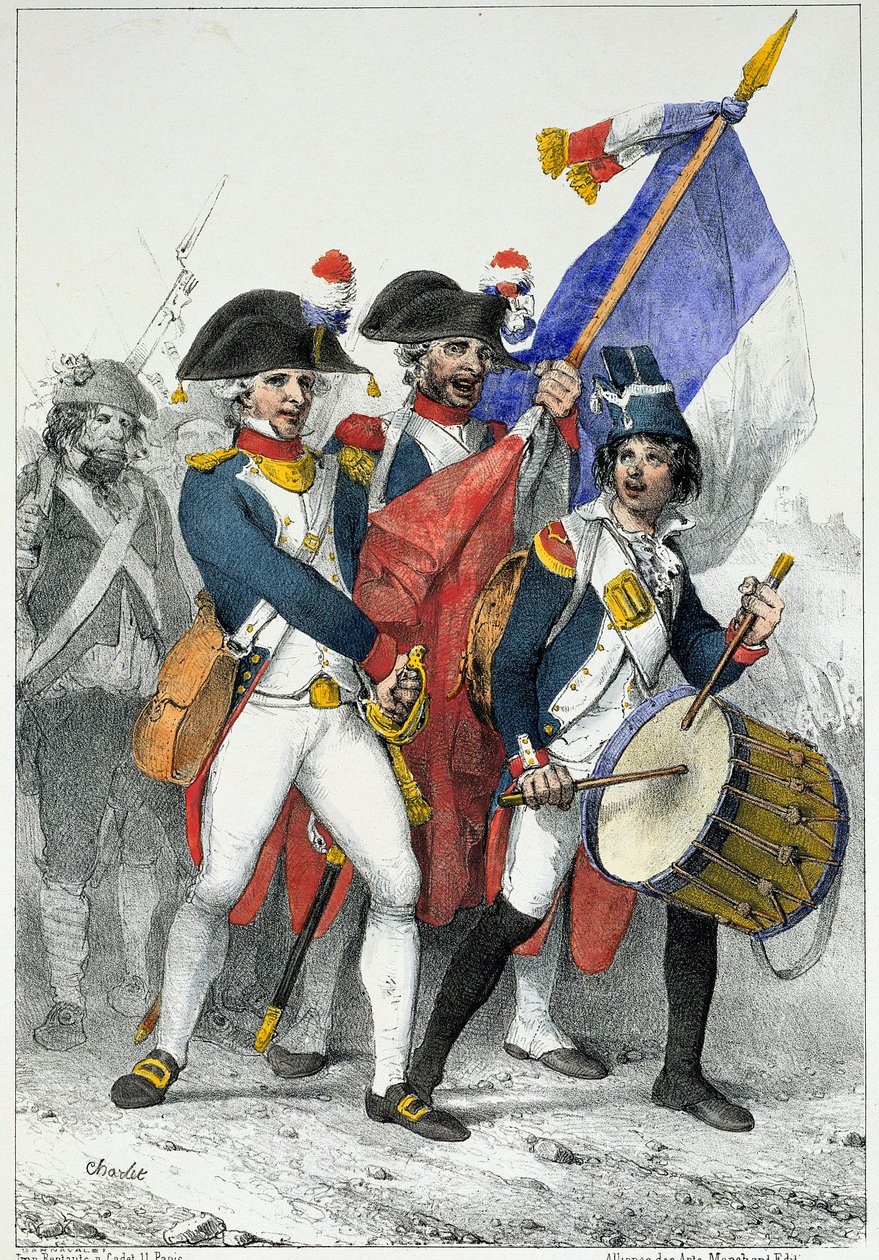 Kotimaa vaarassa: Ensimmäisen tasavallan vapaaehtoiset (1792-1799) lähtevät sotaan (värillinen kaiverrus) tekijältä Nicolas Toussaint Charlet