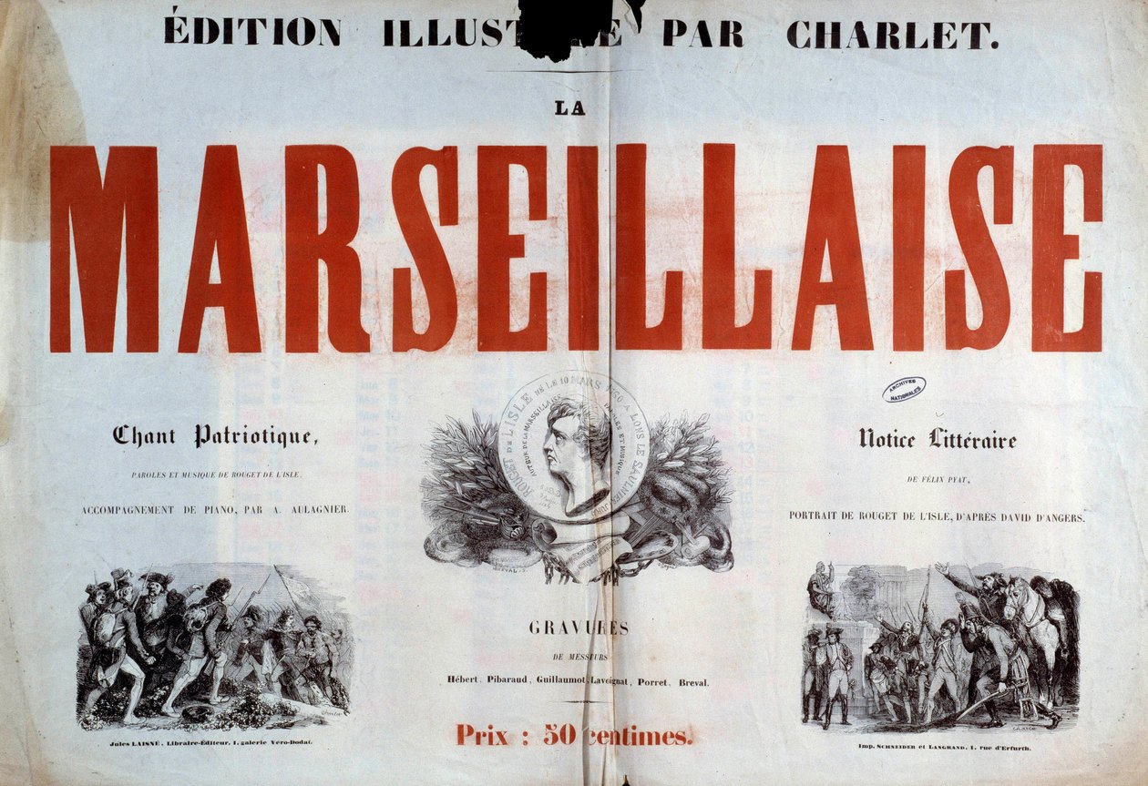 Isänmaallisen laulun "" La Marseillaise " nimisivu. Kuva Charlet Nicolas Toussaintista (1792-1845) 1800-luvun Pariisi, kansallisarkisto. tekijältä Nicolas Toussaint Charlet