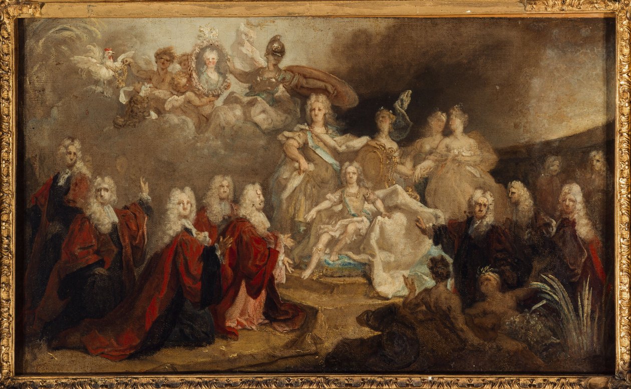 Allegoria Ludvig XV:n kihlauksesta Espanjan infantaan Marie-Anne-Victoireen (1722), 1722 (öljy kankaalle). tekijältä Nicolas de (workshop) Largilliere