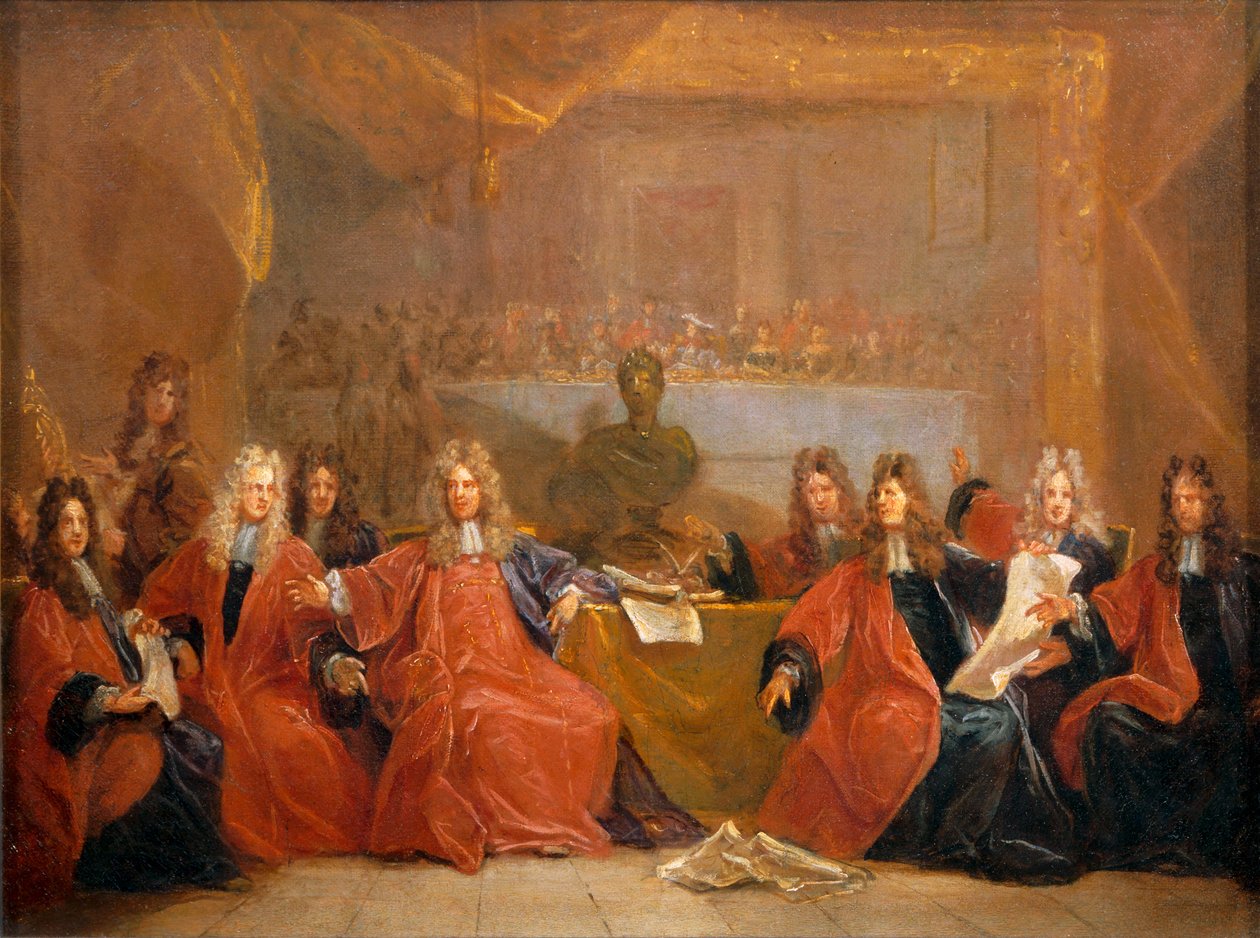 Kauppiaiden vartija ja Pariisin kaupungin neuvoston jäsenet keskustelemassa Ludvig XIV:lle tarjotusta juhlasta ... tekijältä Nicolas de (workshop) Largilliere