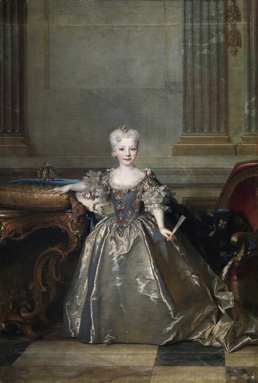""Muotokuva pikkulapsesta Marie-Anne-Victoire de Bourbon (Marie Anne Victoire) (1718-1781), joka oli kihloissa Louis XV:n kanssa vuonna 1722" (Infanta Mariana Victoria, Espanja) Nicolas de Largillièren (1656-1746) maalaus Madridissa 1724 , Museo del Prado tekijältä Nicolas de Largillière