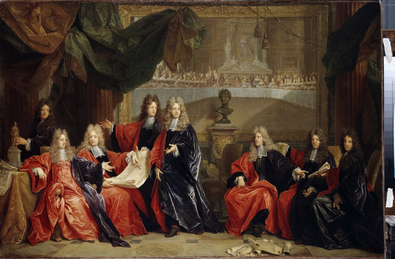 Pariisin kaupungin provostit ja maistraatit keskustelemassa Aurinkokuninkaana (1638-1715) tunnetun kuningas Ludvig XIV 14:n juhlaillallisesta Hôtel de villessä hänen entisöinnin jälkeen vuonna 1687 (Pariisin provosti ja kunnalliset tuomarit keskustelevat L tekijältä Nicolas de Largillière