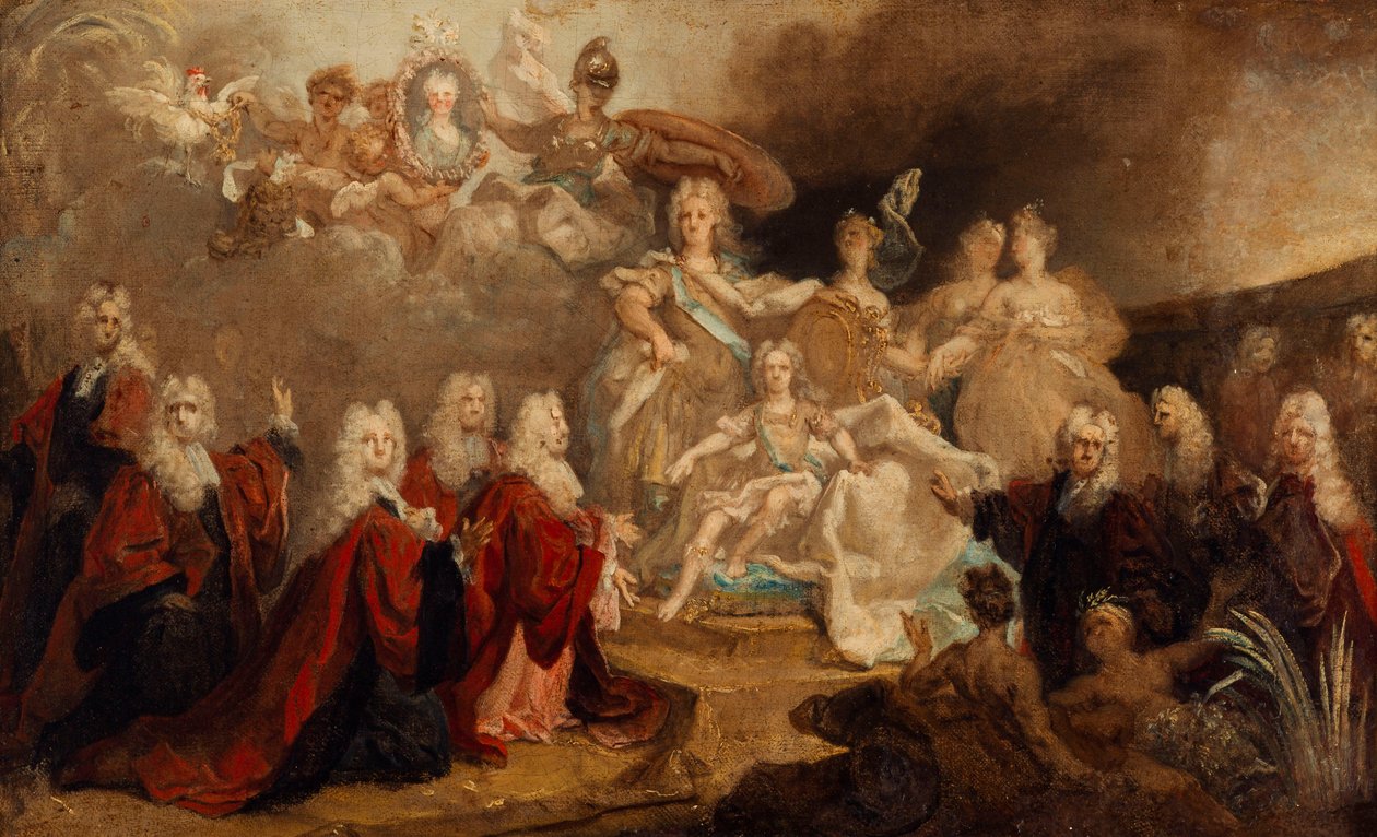 Luonnos allegorisesta maalauksesta, jonka Pariisin kaupunki tilasi Ludvig XV:n ja espanjalaisen Marie Anne Victoiren kihlaukseen tekijältä Nicolas de Largillière