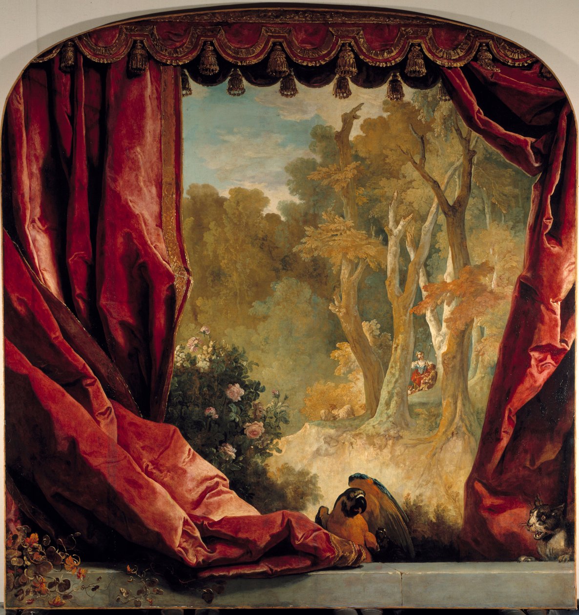 Koristeellinen sommitelma verhoilla, maisemalla ja eläimillä Nicolas de Largillieren (1656-1746) maalaus 1700-luvun aurinko. 2,61x2,51 m tekijältä Nicolas de Largillière