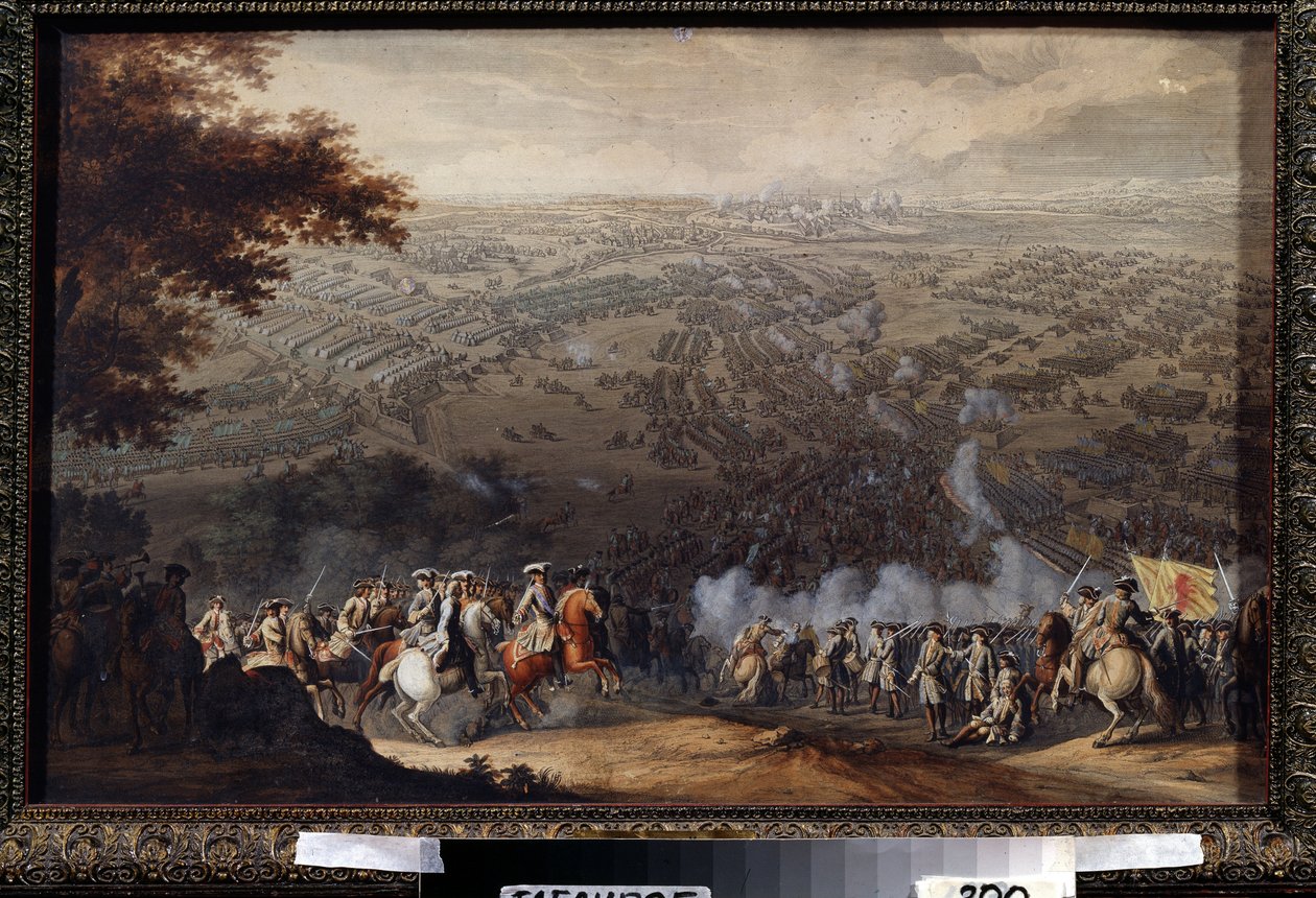 Pultavan taistelu 27. kesäkuuta 1709. Taistelussa kohtasivat Ruotsin Kaarle XII:n Ruotsin armeija ja Venäjän tsaari Pietari Suuren armeija Suuren Pohjan sodan (1700-1721) aikana. Nicon maalaus tekijältä Nicolas de Larmessin