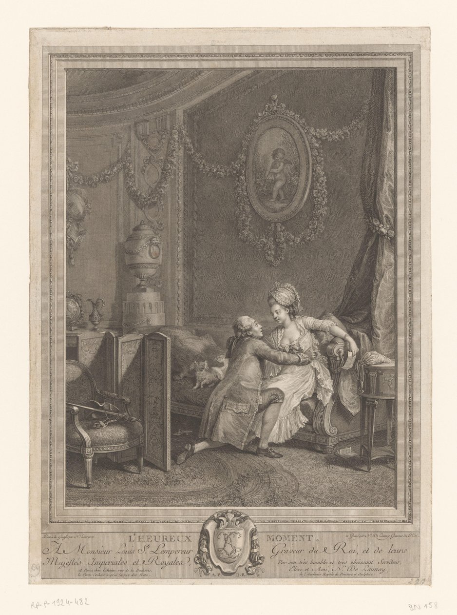 Onnellinen hetki Slaapkamerinterieur met koppel op bed Onnellinen hetki (otsikko esineessä) tekijältä Nicolas de Launay (goudsmid)