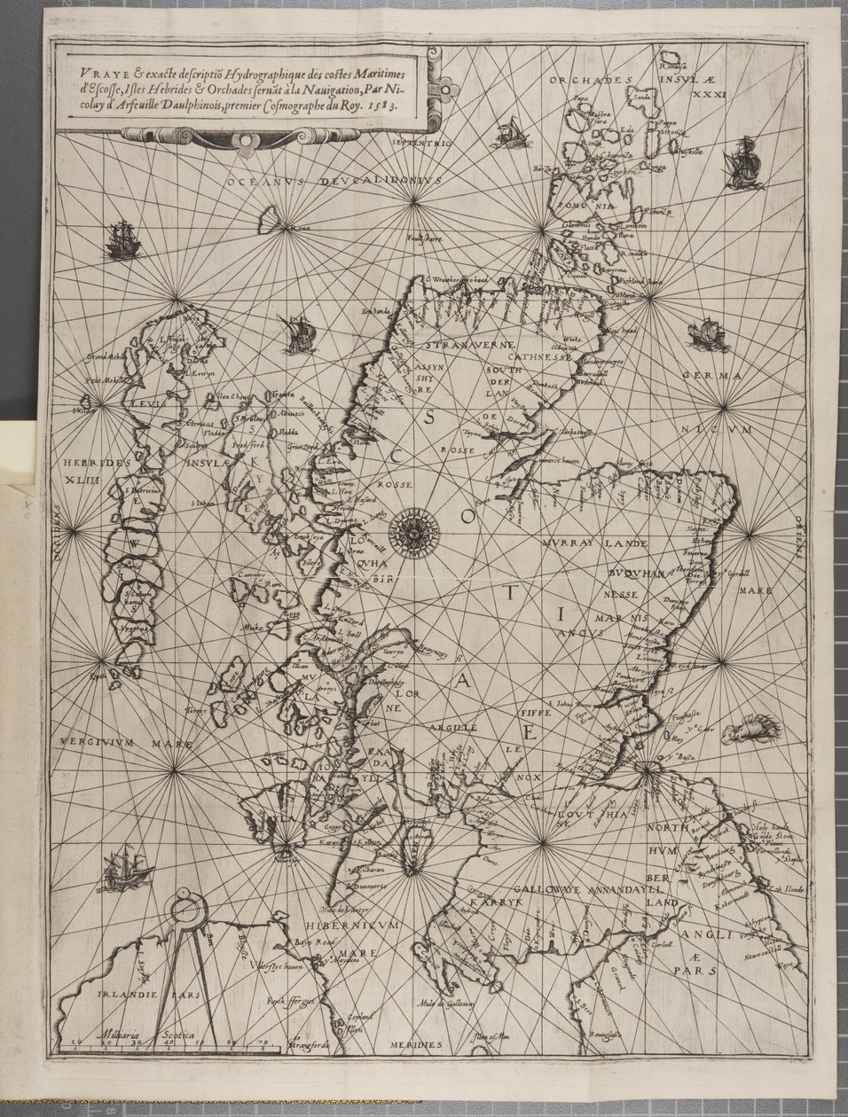 Kartta, The Navigation of King James V, Round Scotland, Orkney Isles ja Hebrids tai Western Isles: Tuon erinomaisen lentäjän Alexander Lindsayn johdolla tekijältä Nicolas de Nicolay