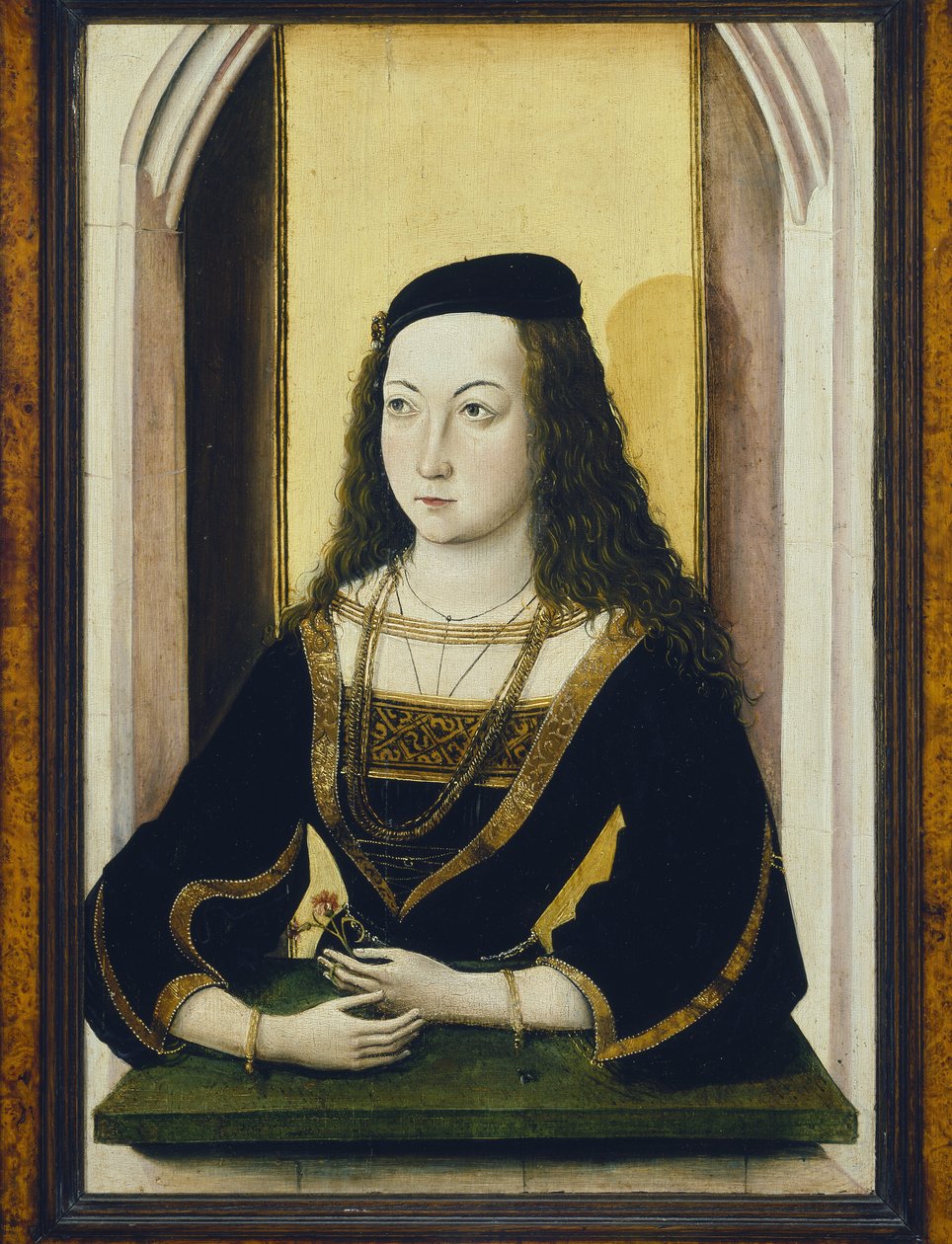 Nuoren naisen muotokuva, jolla on kukka, 1400-luvun lopun öljypaneeli tekijältä Nicolaus Alexander Mair von Landshut