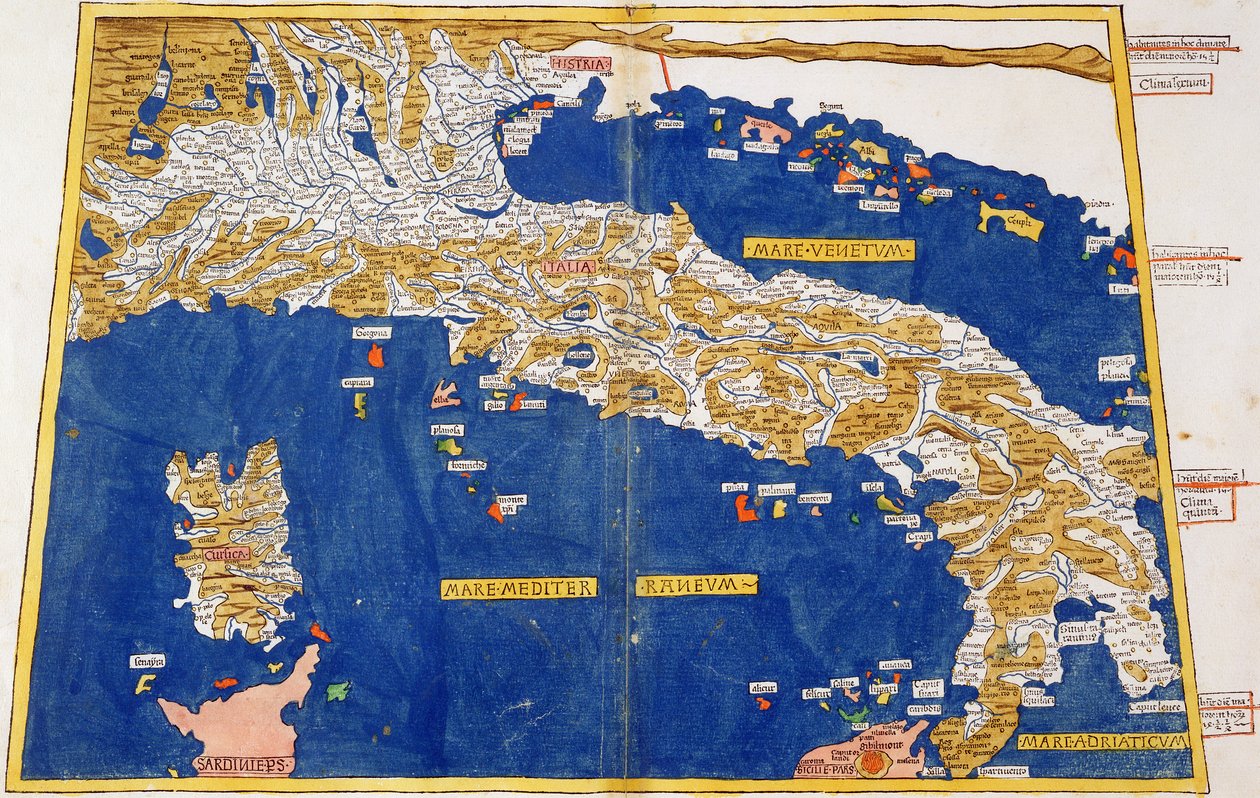 Ptolemaioksen Italian kartta, 1482 (värillinen litografia) tekijältä Nicolaus Germanus