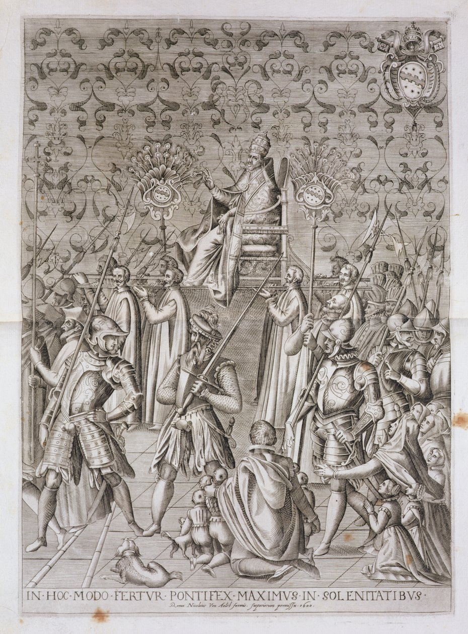 Paavi Sixtus V (1521-90) kuljetetaan obeliskin vihkimistilaisuuteen San Giovanni Lateranon basilikan edessä, Roomassa vuosina 1588, 1600 (katso myös 193204) tekijältä Nicolaus van Aelst