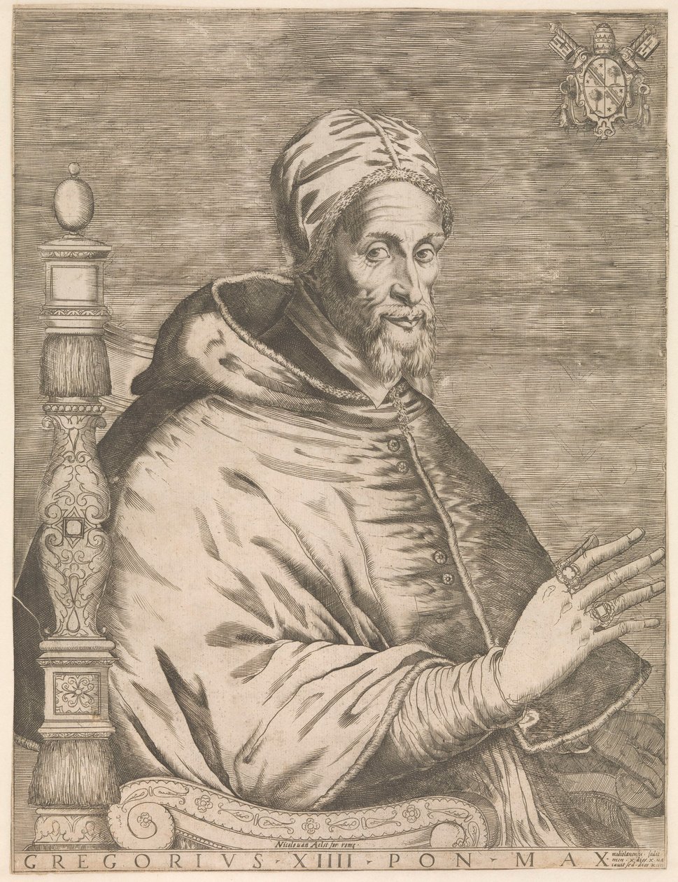 Paavi Gregorius XIV:n muotokuva istumassa Gregory XIII Pon. Max. (otsikko esineessä) tekijältä Nicolaus van Aelst (attributed to)