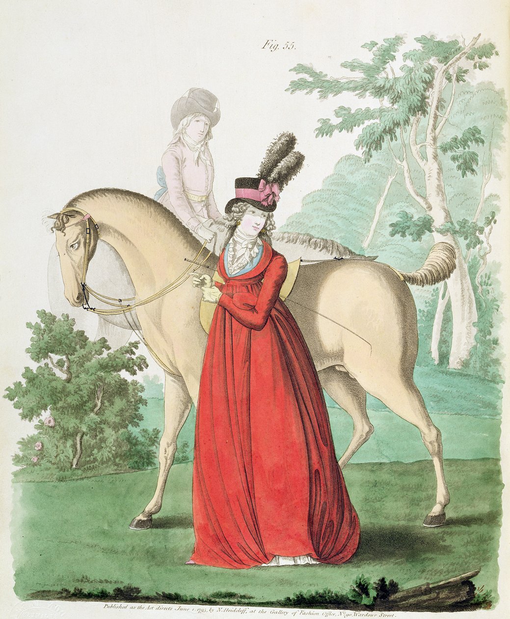 Ratsastava nainen ratsastuspuvussa Nikolaus Heideloffin Muotigalleriasta, osa II, kesäkuu 1795 (printti). tekijältä Nicolaus von Heideloff