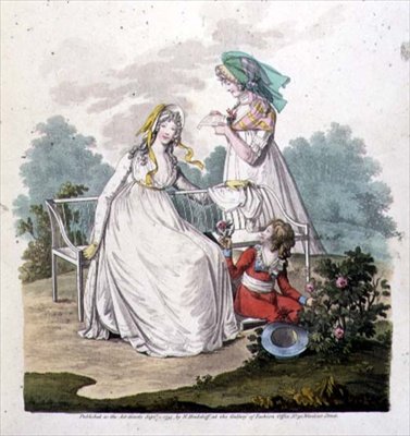 Poika polvihousuissa ja krinoliinipuvussa N. Heideloffin "Galleria of Fashion", syyskuu 1795 (värillinen kaiverrus). tekijältä Nicolaus von Heideloff