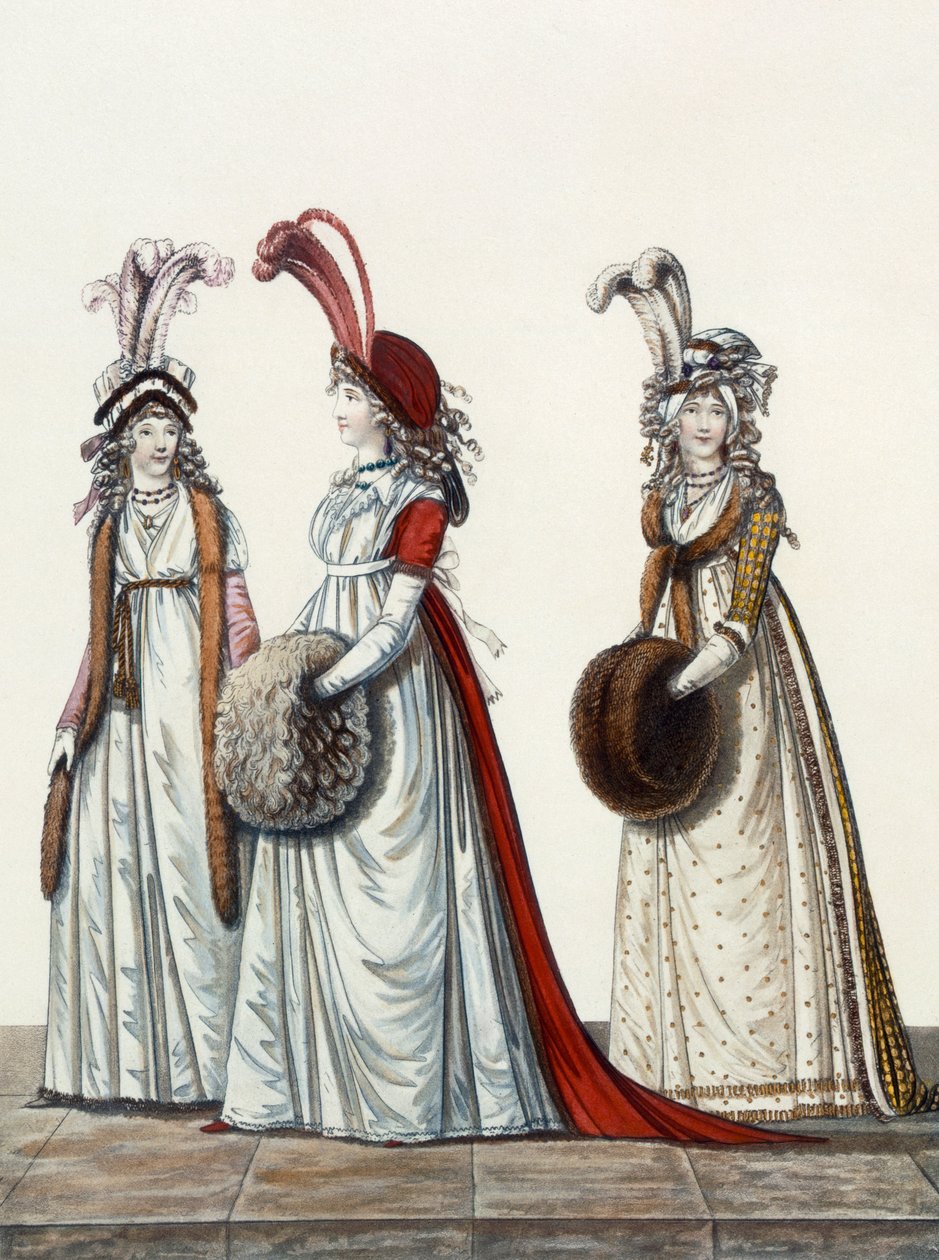 Iltapuvut, kuva. 40, kuva 41 ja fig. 42 The Gallery of Fashionista, 1797 tekijältä Nicolaus von Heideloff
