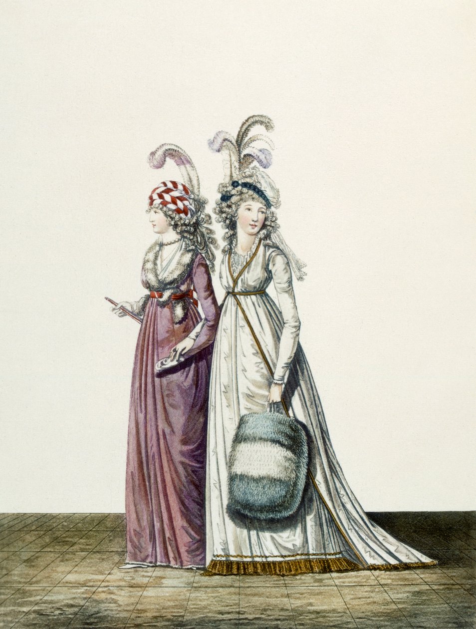 Iltapuvut, kuva 34 ja kuva 35, "The Gallery of Fashion", 1797 tekijältä Nicolaus von Heideloff