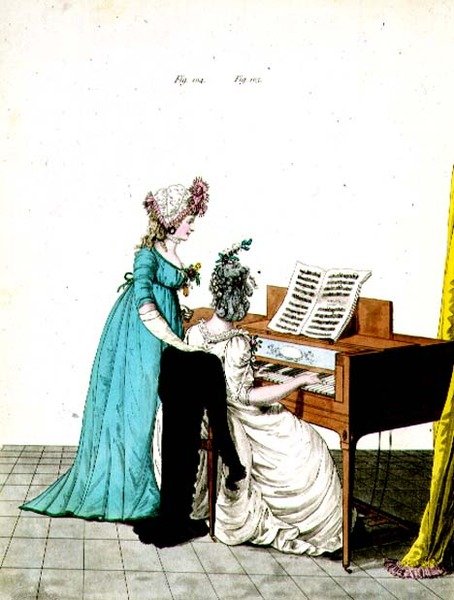 Kuvat 104 ja 105, muotikilpi N. Heideloffin Gallery of Fashionista, heinäkuulta 1798 (värinen kaiverrus) tekijältä Nicolaus von Heideloff