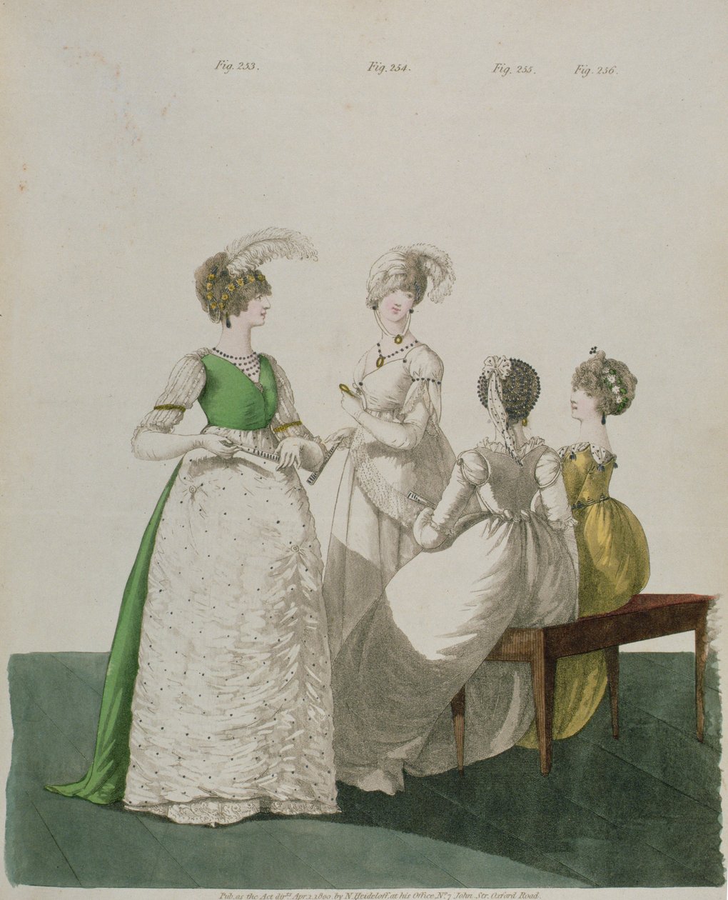 Neljä tyttöä juhlamekoissa N. Heideloffin "Gallery of Fashionista", huhtikuu 1800 tekijältä Nicolaus von Heideloff