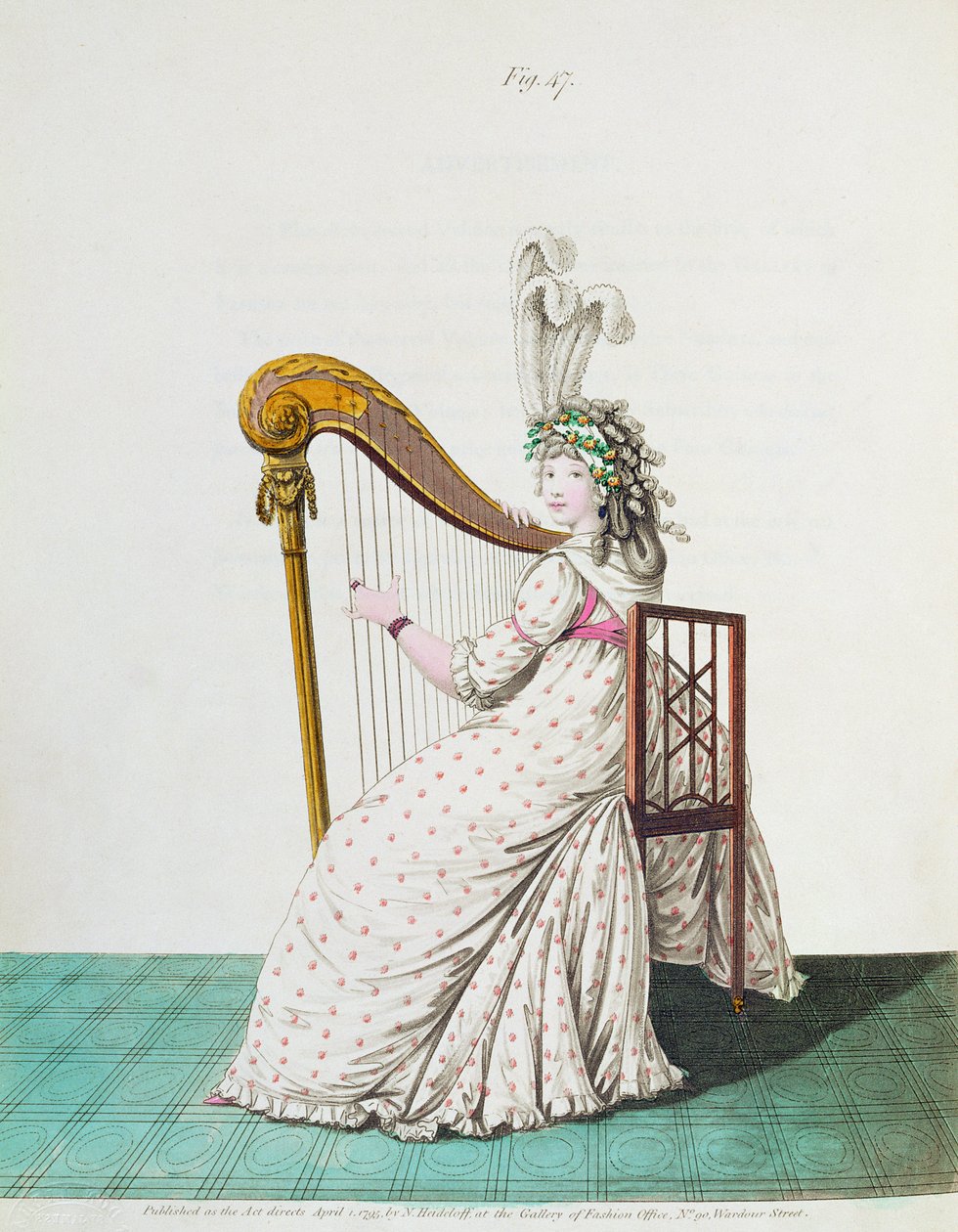 Nainen soittaa harppua iltapuvussa Nikolaus Heideloffin Gallery of Fashionista, osa II, huhtikuu 1795 (tulostus) tekijältä Nicolaus von Heideloff