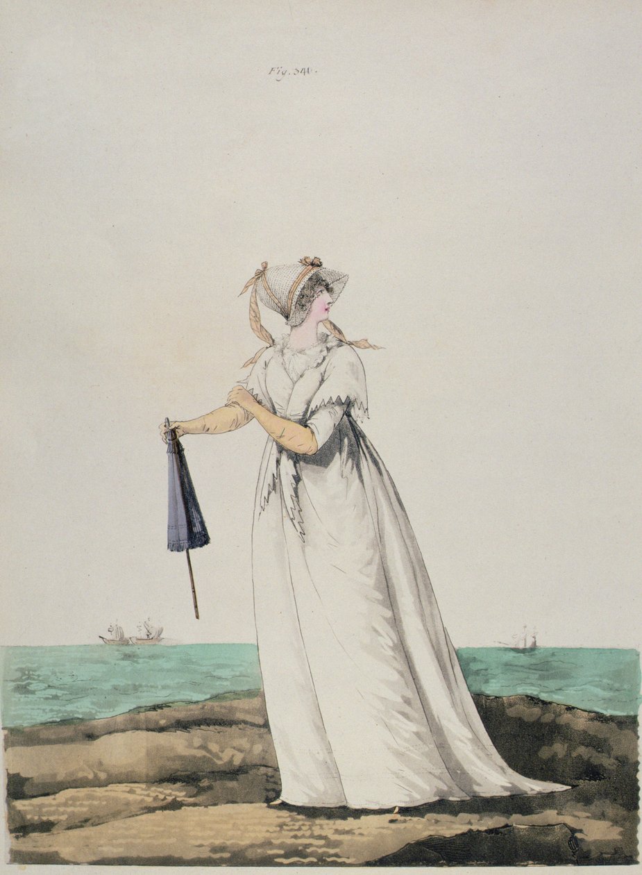 Aamumekko meren rannalla N. Heideloffin "Gallery of Fashionsista" vuodelta 1802 tekijältä Nicolaus von Heideloff