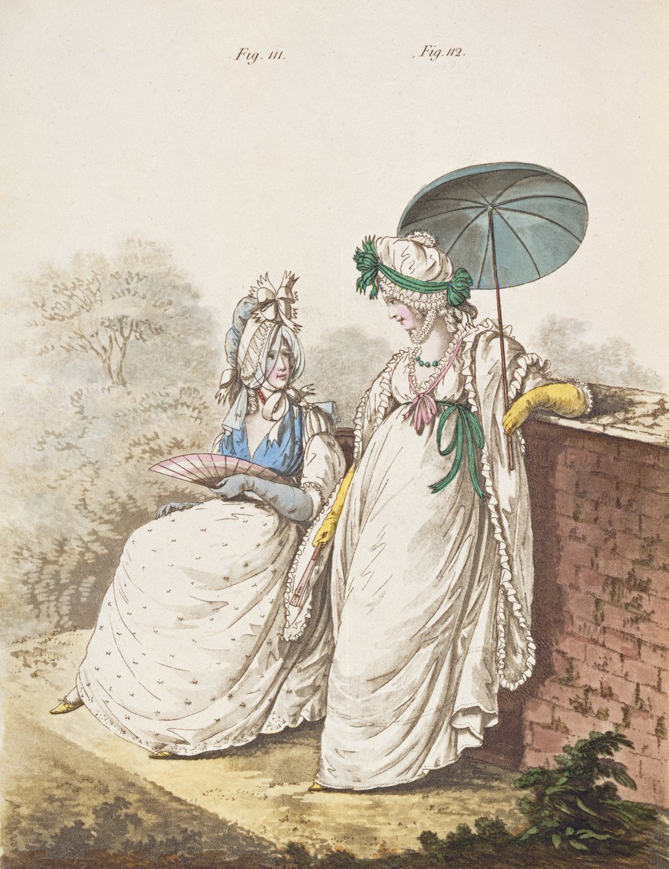 Aamupuvut, viikunat. 111 ja 112 Nikolaus Heideloffin "Gallery of Fashion" -julkaisusta, osa II, syyskuu 1796 (tulostus) tekijältä Nicolaus von Heideloff