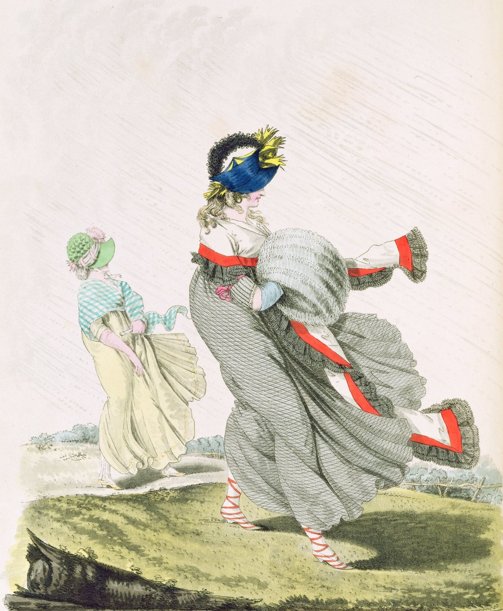 Aamupuvut viikunat. 134 ja 135 Nikolaus Heideloffin "Gallery of Fashion" -julkaisusta, Vol II, huhtikuu 1797 (tulostus) tekijältä Nicolaus von Heideloff