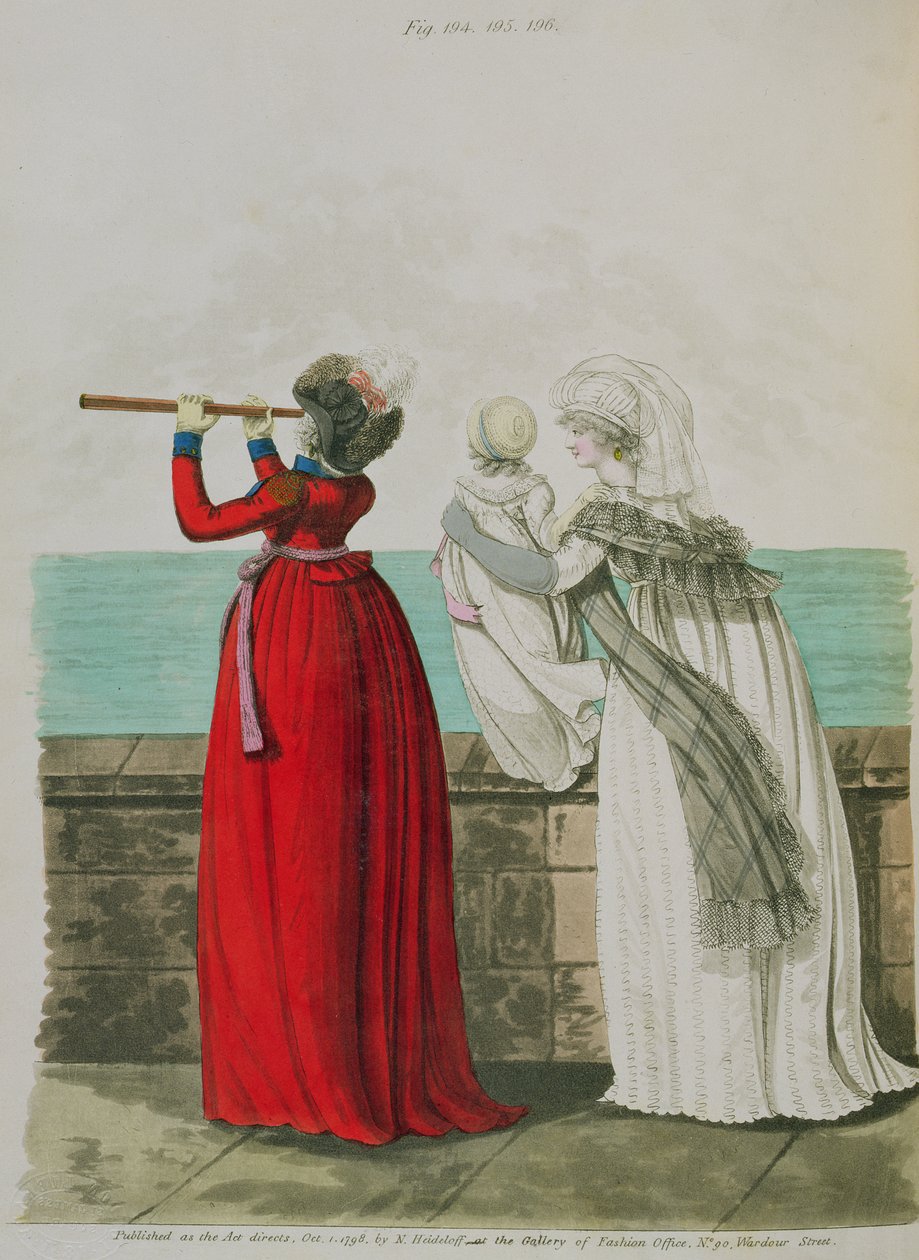 Aamupuvut, viikunat. 194, 195 ja 196 Nikolaus Heideloffin "Gallery of Fashion" -julkaisusta, osa II, lokakuu 1798 (painettu) tekijältä Nicolaus von Heideloff