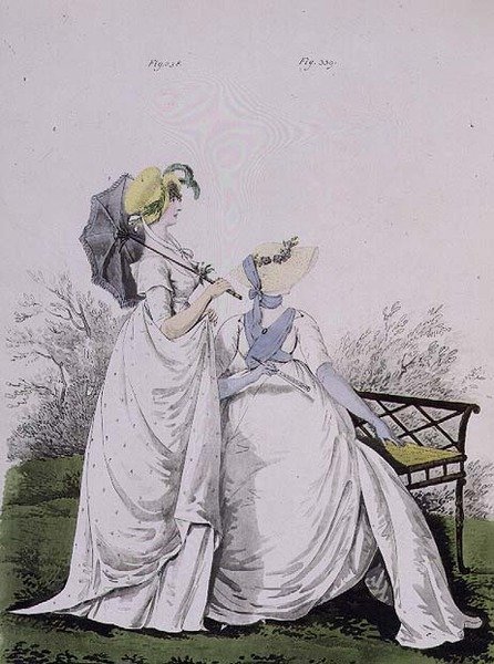 Aamupuvut, viikunat. 338 ja 339 Nikolaus Heideloffin "Gallery of Fashion" -julkaisusta, osa II, kesäkuu 1802 (tulostus) tekijältä Nicolaus von Heideloff