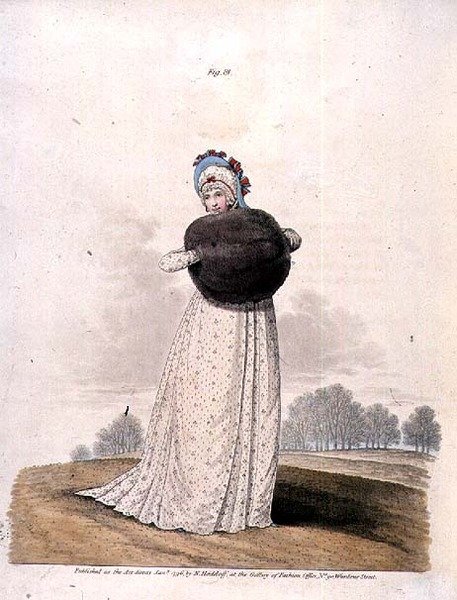 Musliinimekko N. Heidloffin "Gallery of Fashionista", tammikuu 1796 (värillinen kaiverrus) tekijältä Nicolaus von Heideloff