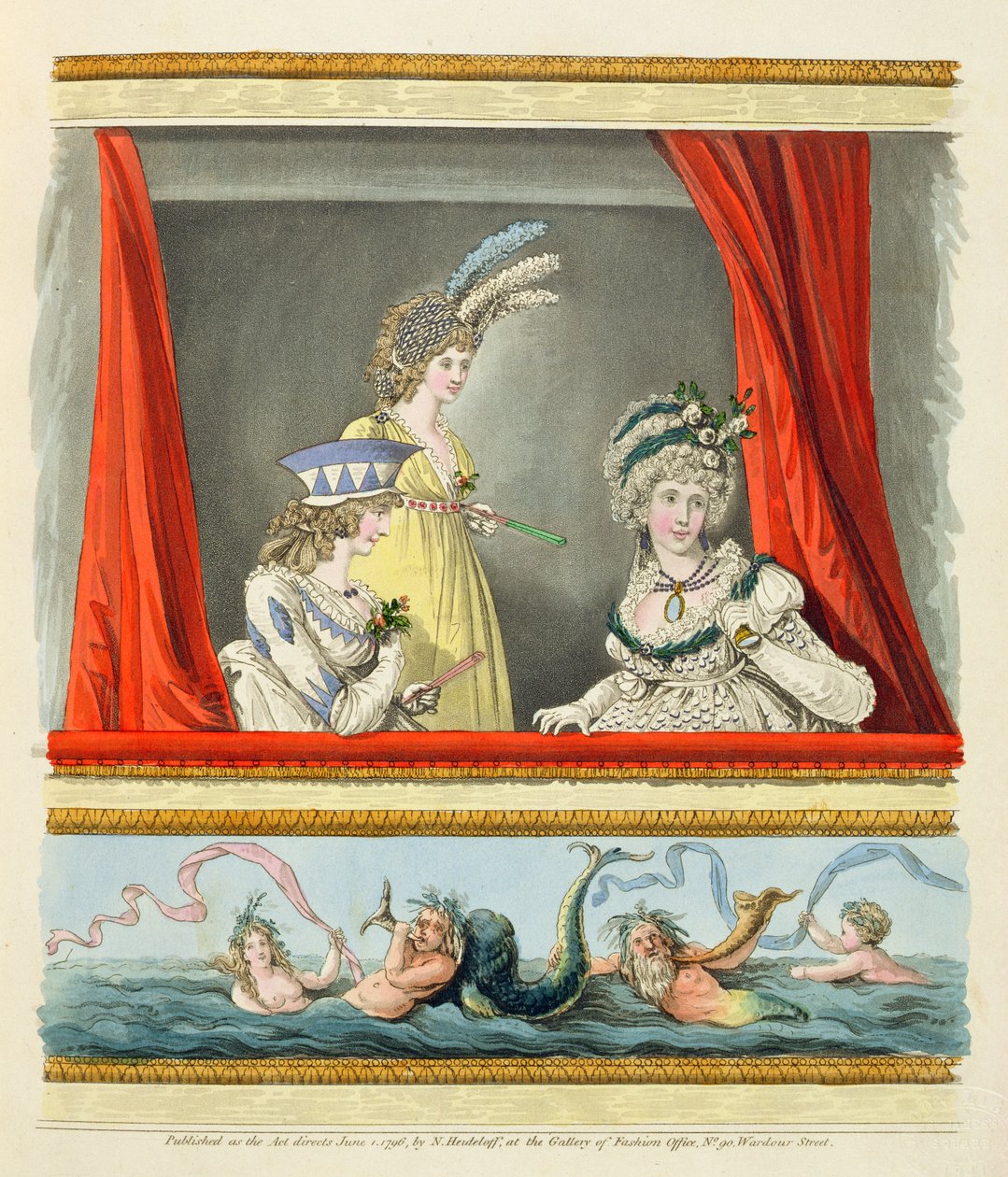 Oopperamekot Nikolaus Heideloffin "Gallery of Fashion" -teoksesta, Vol II, kesäkuu 1796 (tulostus) tekijältä Nicolaus von Heideloff
