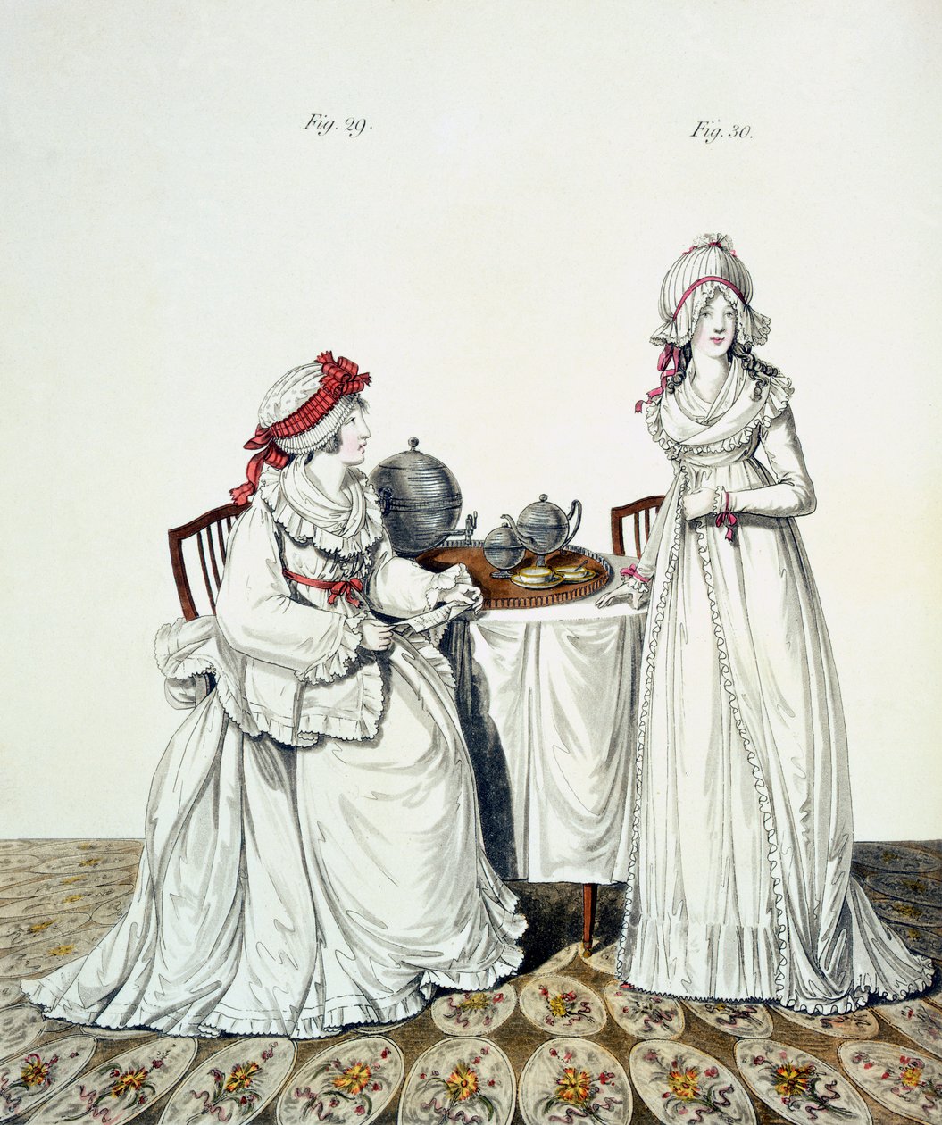Kaksi naista aamiaisella pukuhuoneessaan yömyssyissä ja peignoirissa, Nikolaus Heideloffin "Gallery of Fashion", osa I, marraskuu 1794 tekijältä Nicolaus von Heideloff