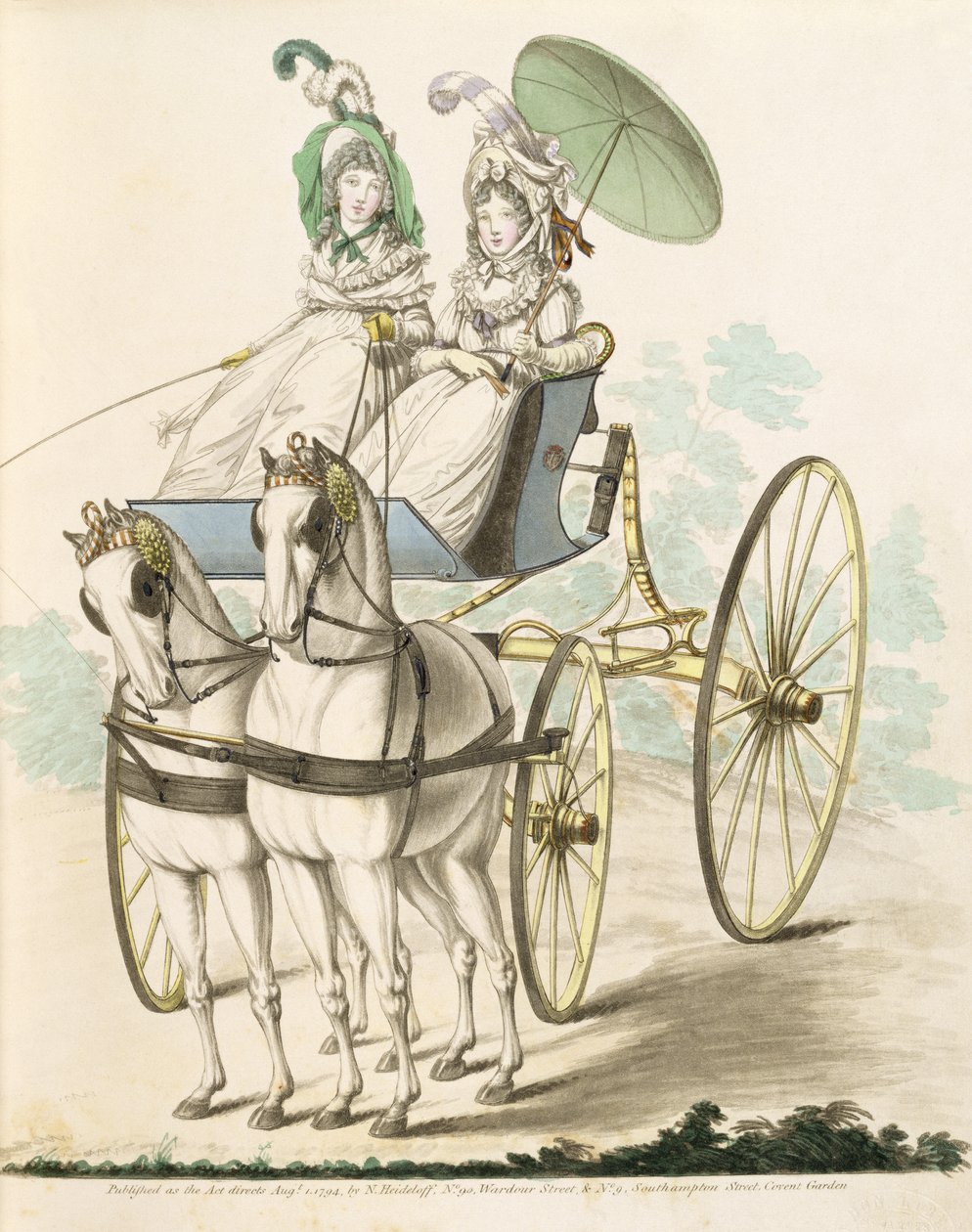 Kaksi naista, negligesi päällä, tuulettumassa faetonissa, Nikolaus Heideloffin muotigalleriasta, osa I, elokuu 1794 (vedos). tekijältä Nicolaus von Heideloff