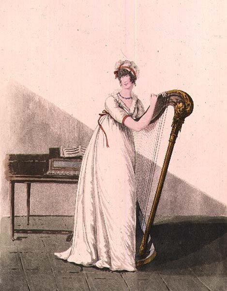 Nuori nainen harpulla Heideloffin "Gallery of Fashionista", 1800-luvun alku (värillinen kaiverrus) tekijältä Nicolaus von Heideloff