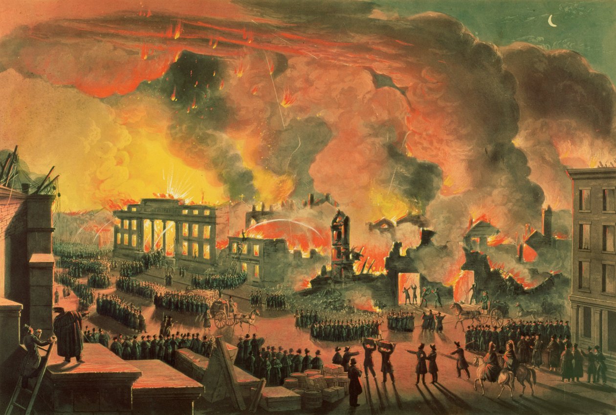 Näkymä suuresta tulipalosta New Yorkissa, 16.-17.12.1835, kaiverrus William James Bennett (1787-1844) (värikaiverrus) tekijältä Nicolino Calyo