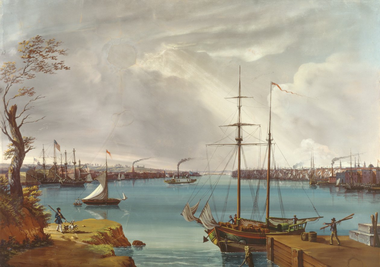 Näkymä New Yorkista, Brooklynista ja Navy Yardista otettu Heightsista Williamsburgin lähellä, n. 1835-45 (guassi, wc paperilla) tekijältä Nicolino Calyo