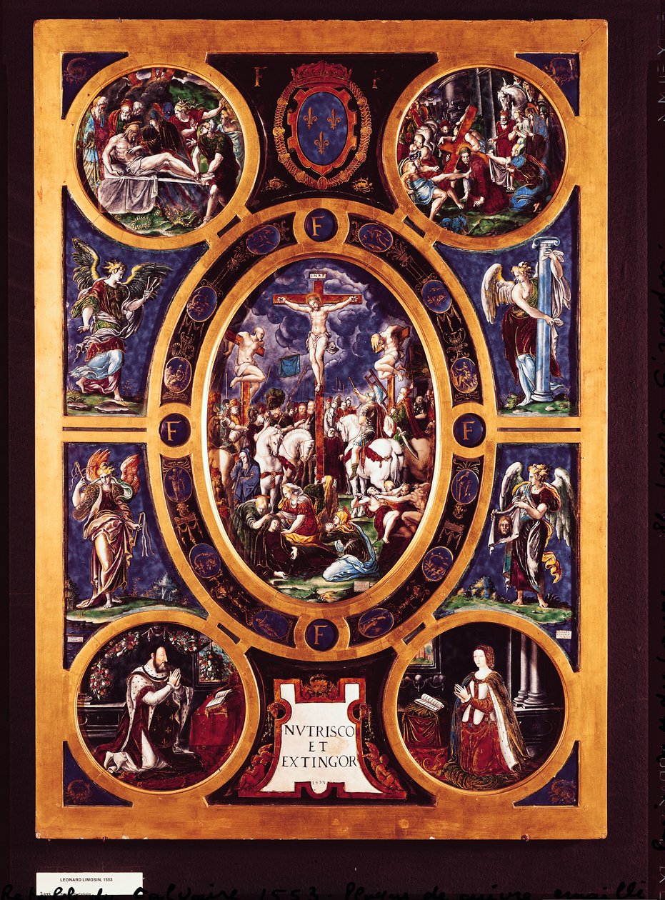 Sainte-Chapellen alttaritaulu, joka kuvaa ristiinnaulitsemista, emaloitu Leonard Limosin (1505-76) 1553 (emaloitu messinki) tekijältä Nicolo dell Abate