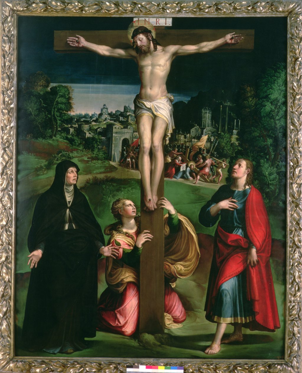 Ristiinnaulitseminen Neitsyt, Magdalan Maria ja evankelista Johannes tekijältä Nicolo dell Abate