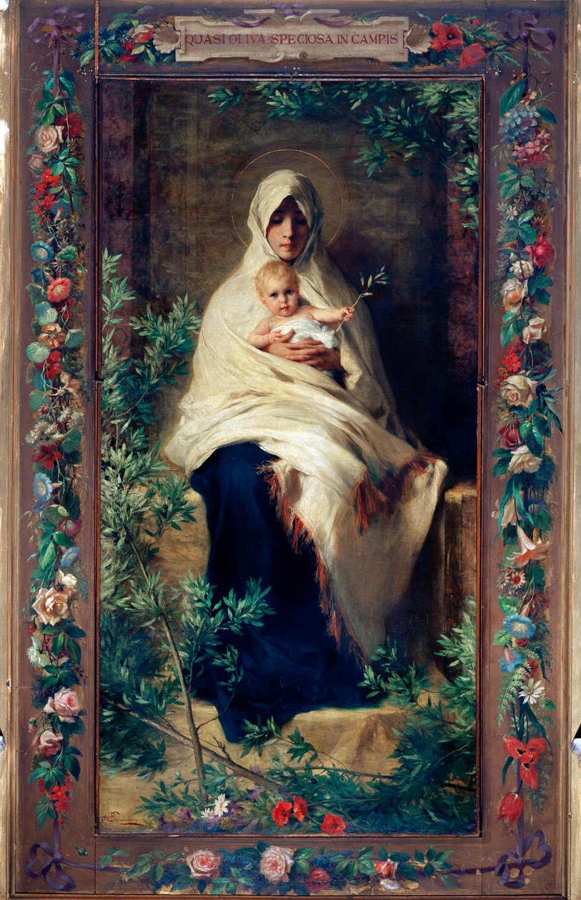Niccolo Barabinon (1832-1891) Neitsyt Marian oliivipuun maalaus 1800-luvun Genes, Santa Maria della Cellan kirkko tekijältä Nicolo Barabino