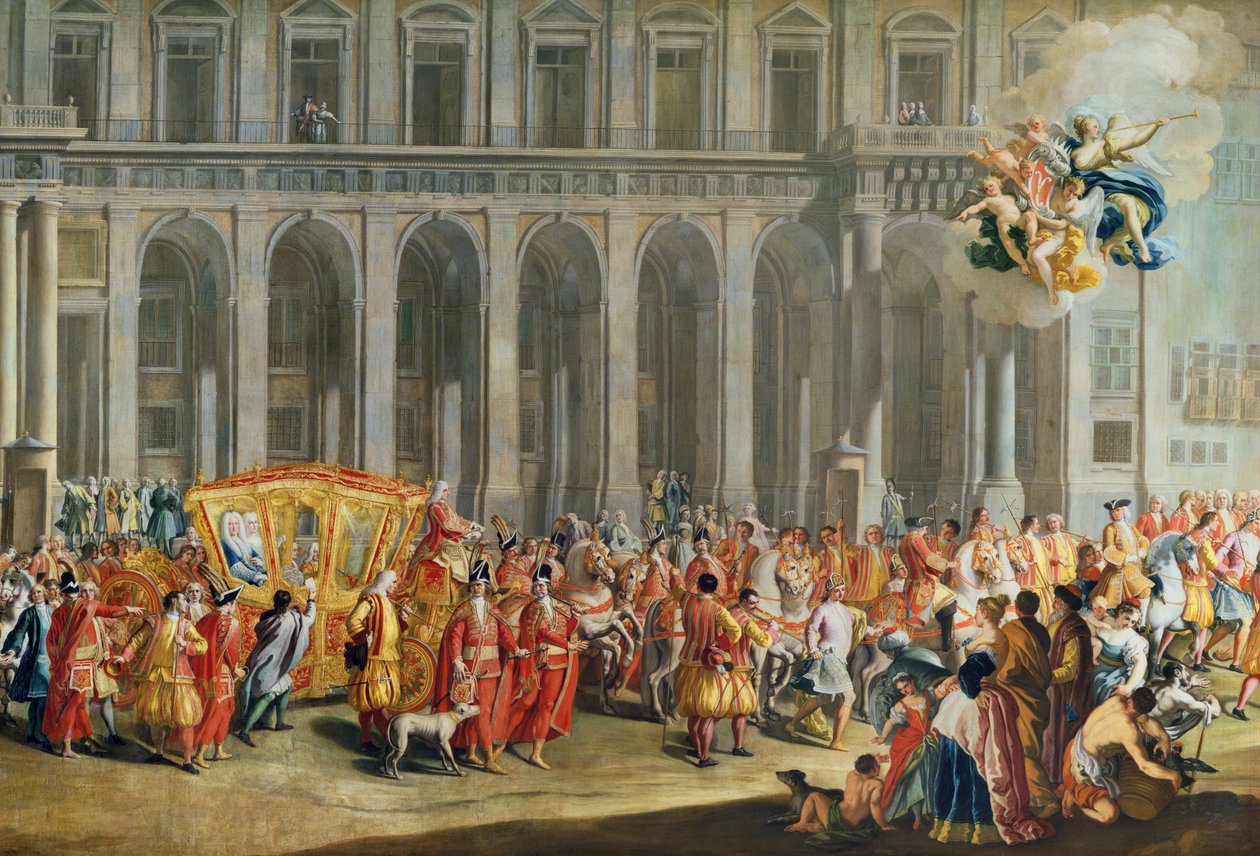 Alois Thomas von Harrachin, Napolin varakuninkaan (1669-1742) lähtö Palazzo Reale di Capodimontesta (katso lisätietoja numerosta 68613) tekijältä Nicolo Maria Russo or Rossi