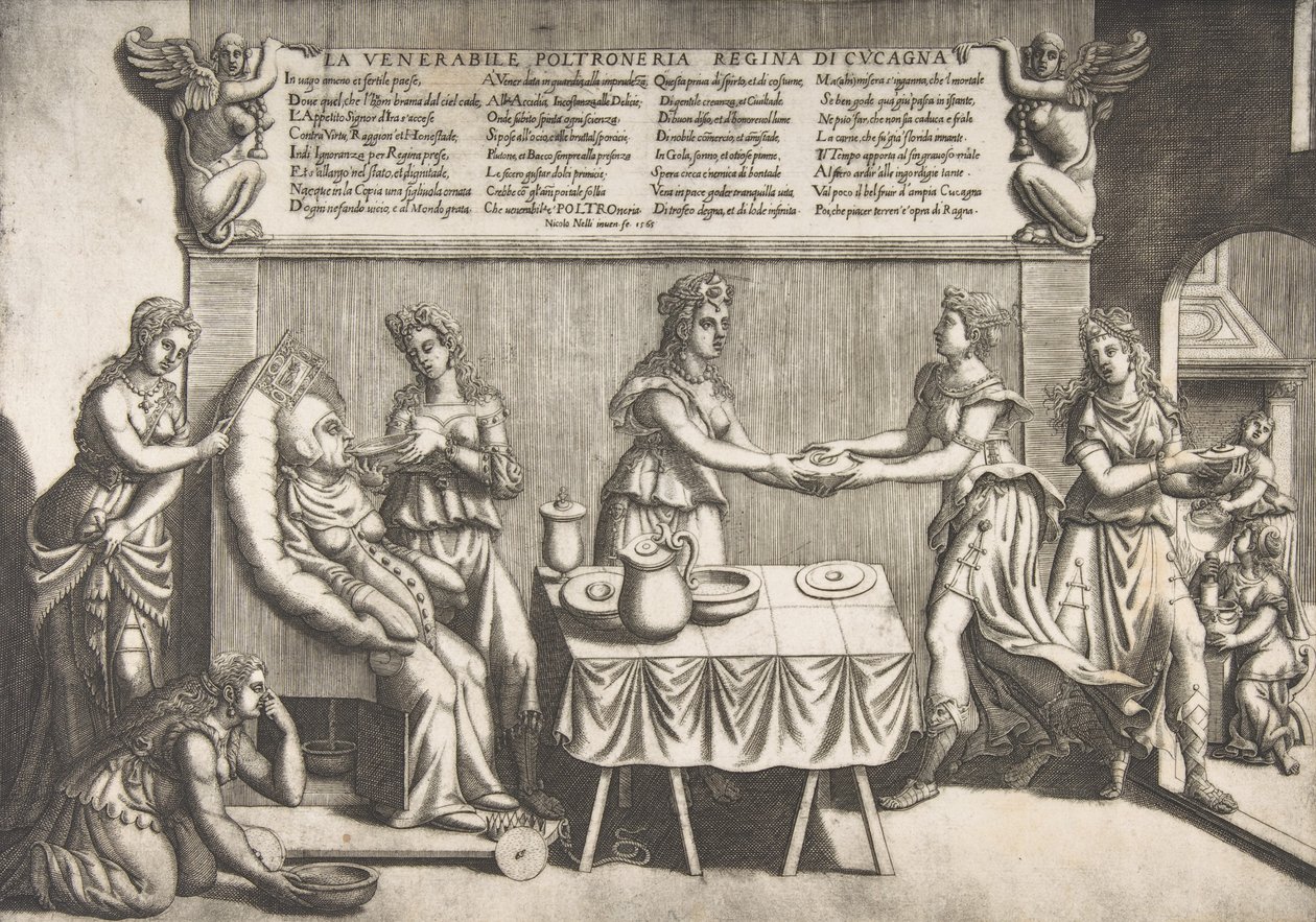 Kunnianarvoisa Idleness, Cockaignen kuningatar, lihava nainen, joka istuu siirrettävällä wc-tuolilla..., 1565. tekijältä Nicolo Nelli
