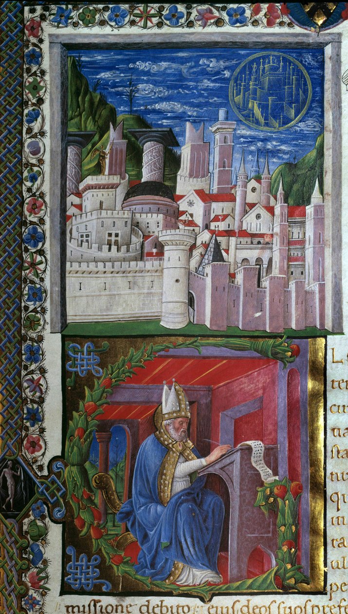 Pyhän Augustinuksen kirjoitusminiatyyri, Nicolo Polani, otettu Pyhän Augustinuksen Hippolaisen (354-430) teoksesta "" De civitate dei" (Jumalan kaupunki). 1459. Paris, Bibliotheque sainte Genevieve tekijältä Nicolo Polani