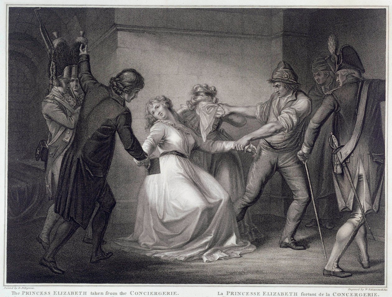 Ranskan vallankumous: Ranskan kuninkaan Ludvig XVI Elisabethin (1764-1794) sisar vapautettiin Concierge-vankilasta 10.5.1794. Kaiverrus Niccolo Schiavonetti (kuollut 1813) Paris, Musee Carnavalet tekijältä Nicolo Schiavonetti