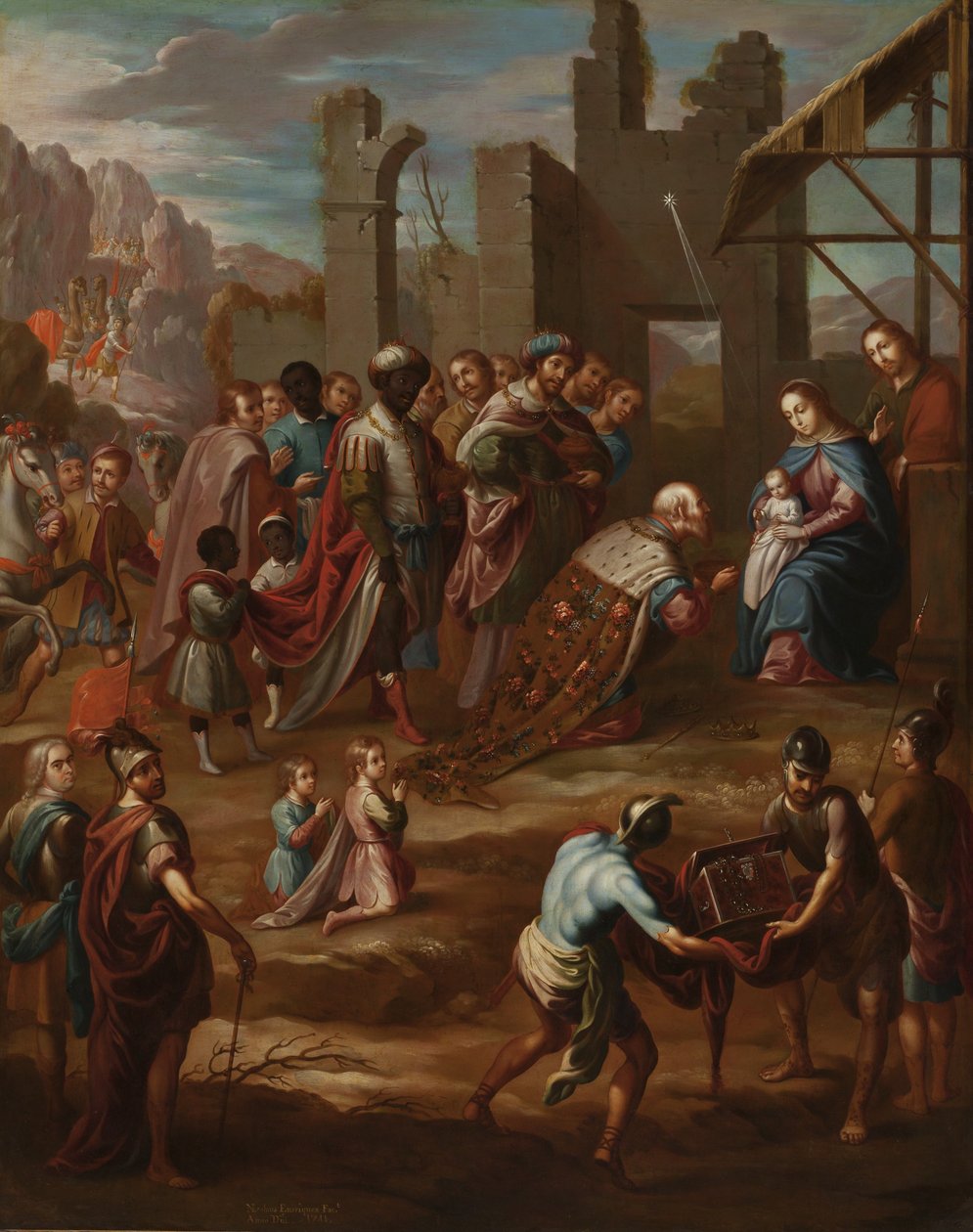 Kuninkaiden palvonta varakuningas Pedro de Castro y Figueroan, La Conquistan herttuan kanssa (Kuninkaiden palvonta varakuningas Pedro de Castro y Figueroan kanssa, La Conquistan herttua), 1741 (öljy coppelle) tekijältä Nicolás Enríquez