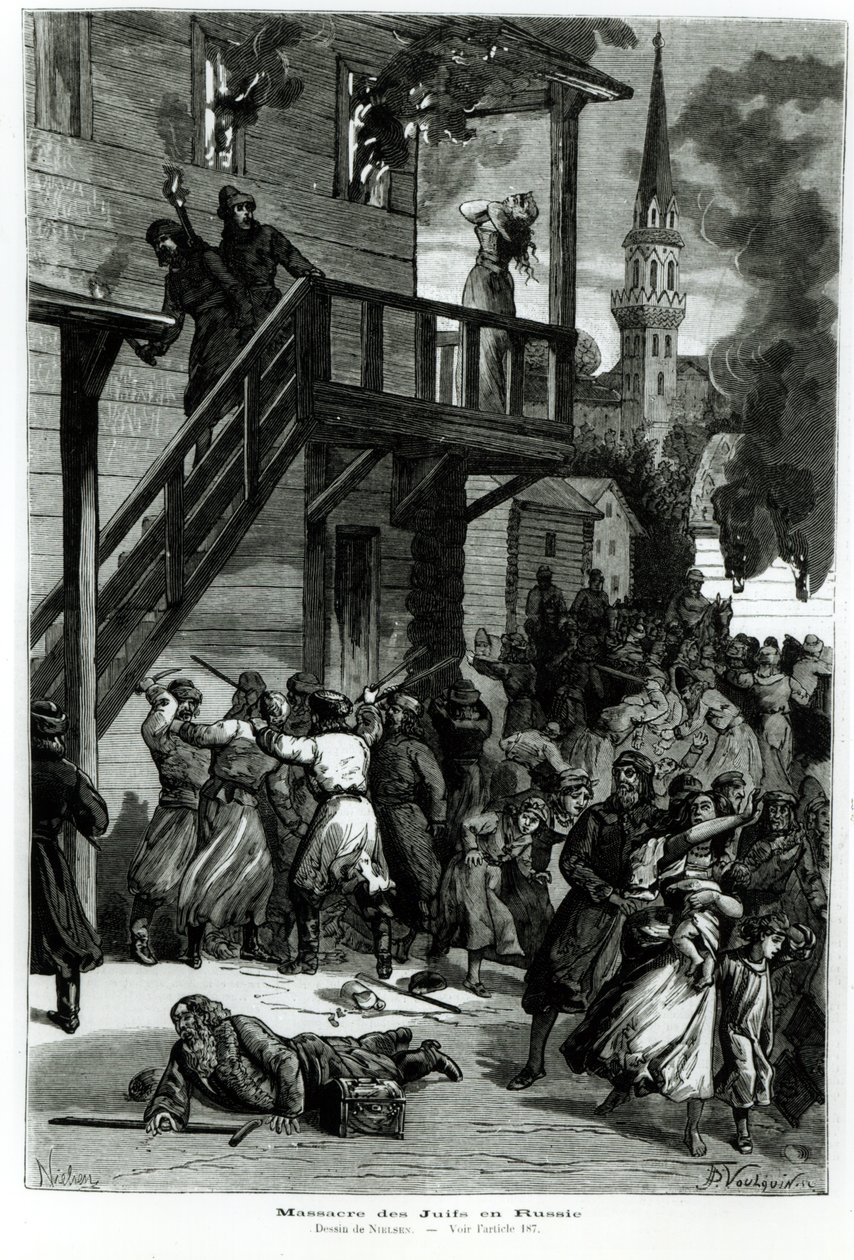 Juutalaisten teurastus Venäjällä, kaiverrus Gustave Voulquin (fl.1880-90) Le Journal Illustresta, kesäkuu 1881 (bw kuva) tekijältä Nielsen